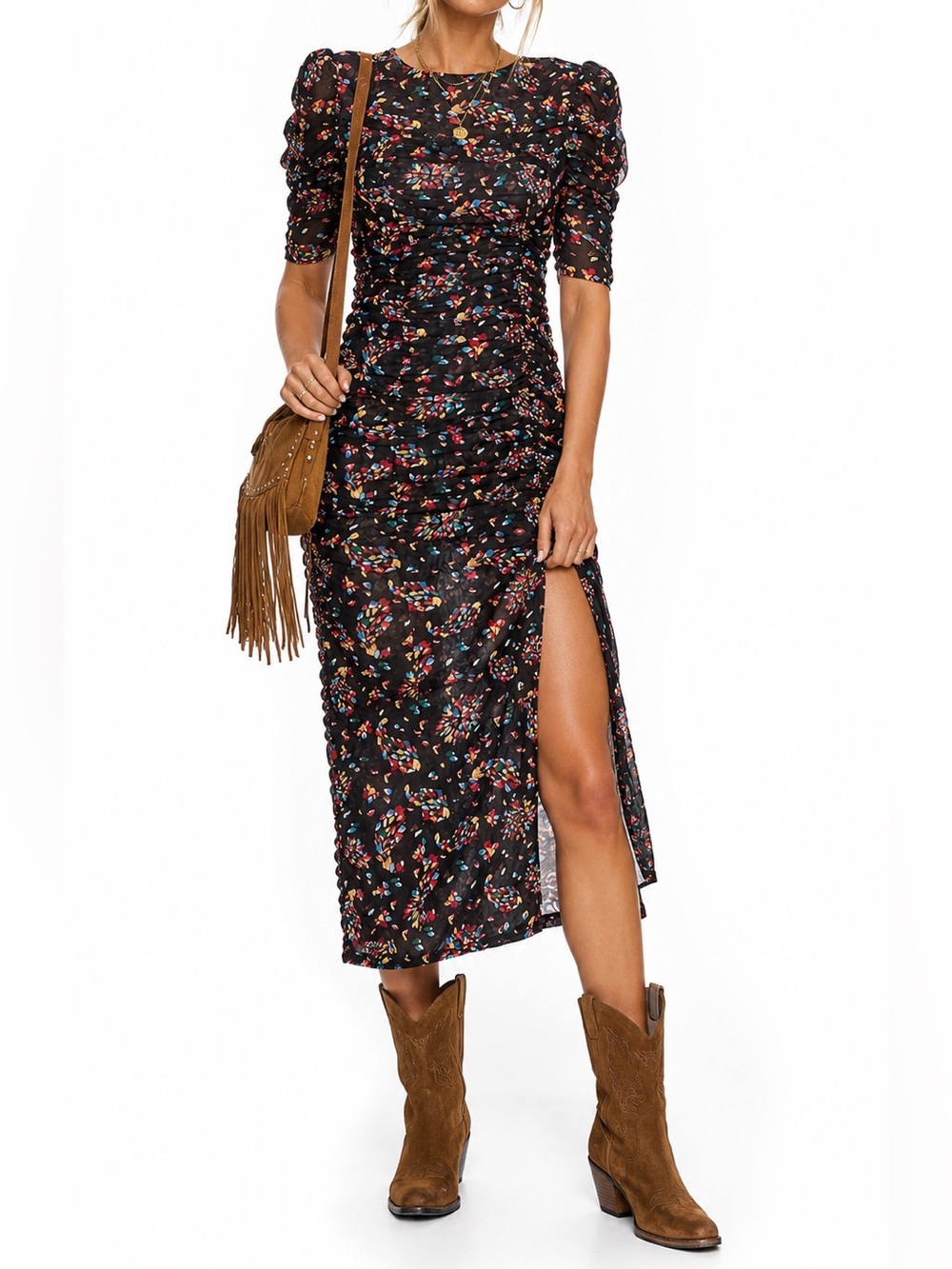 FREE PEOPLE Briella Ruched Midi Dress-Size XS-Multi-Color Floral Boho NWT